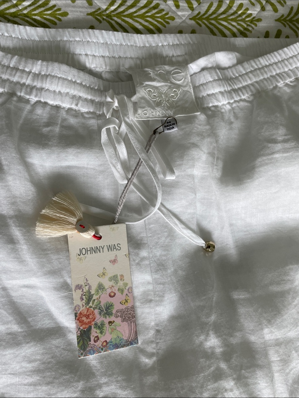 Johnny Was White linen Frank Easy Pant Embroidered Butterfly Drawstring Pants